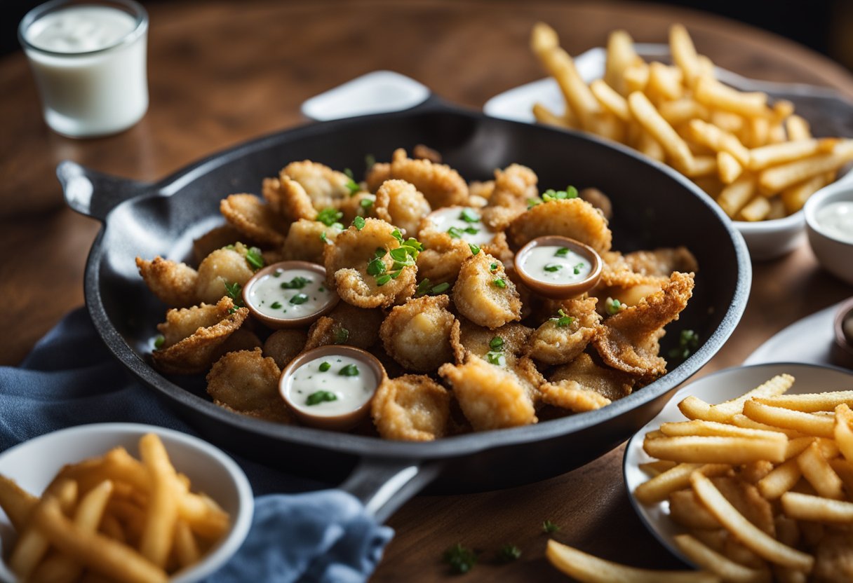 Fried clams sizzling in a hot skillet, surrounded by a bed of crispy golden fries and a side of tartar sauce in a small dish