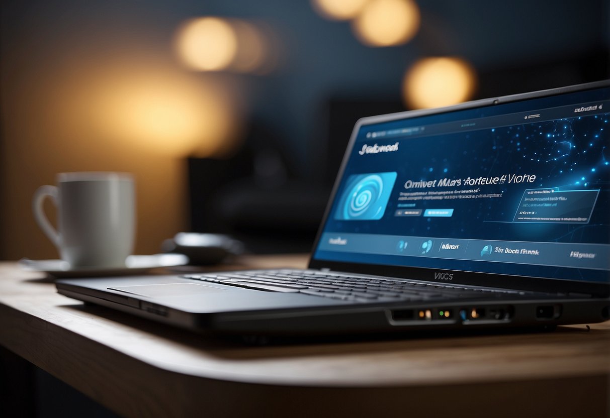 A laptop displaying "Latest Fibre Broadband Promotions" next to a modem and router, with a promotional banner and discount codes