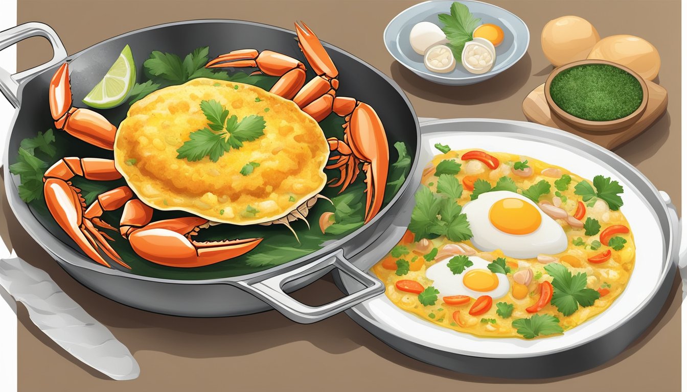 A sizzling Bangkok crab omelette cooks in a hot pan, with chunks of fresh crab and fluffy eggs blending together. Aromatic herbs and spices fill the air