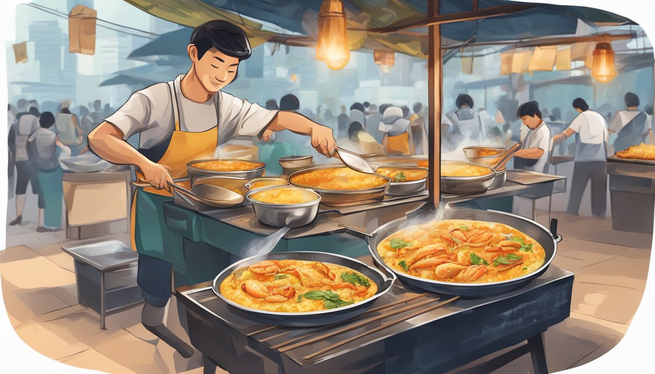 A sizzling crab omelette is being expertly cooked in a bustling Bangkok street food stall, with aromatic spices and fresh ingredients filling the air