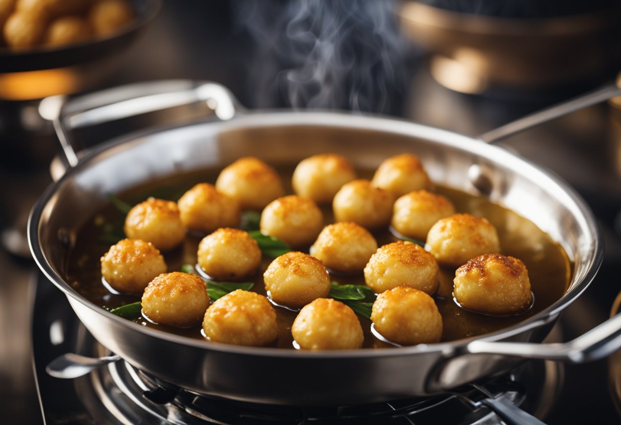 Golden brown fish balls sizzle in hot oil, emitting a savory aroma. Bubbling and crackling, they are ready to be served