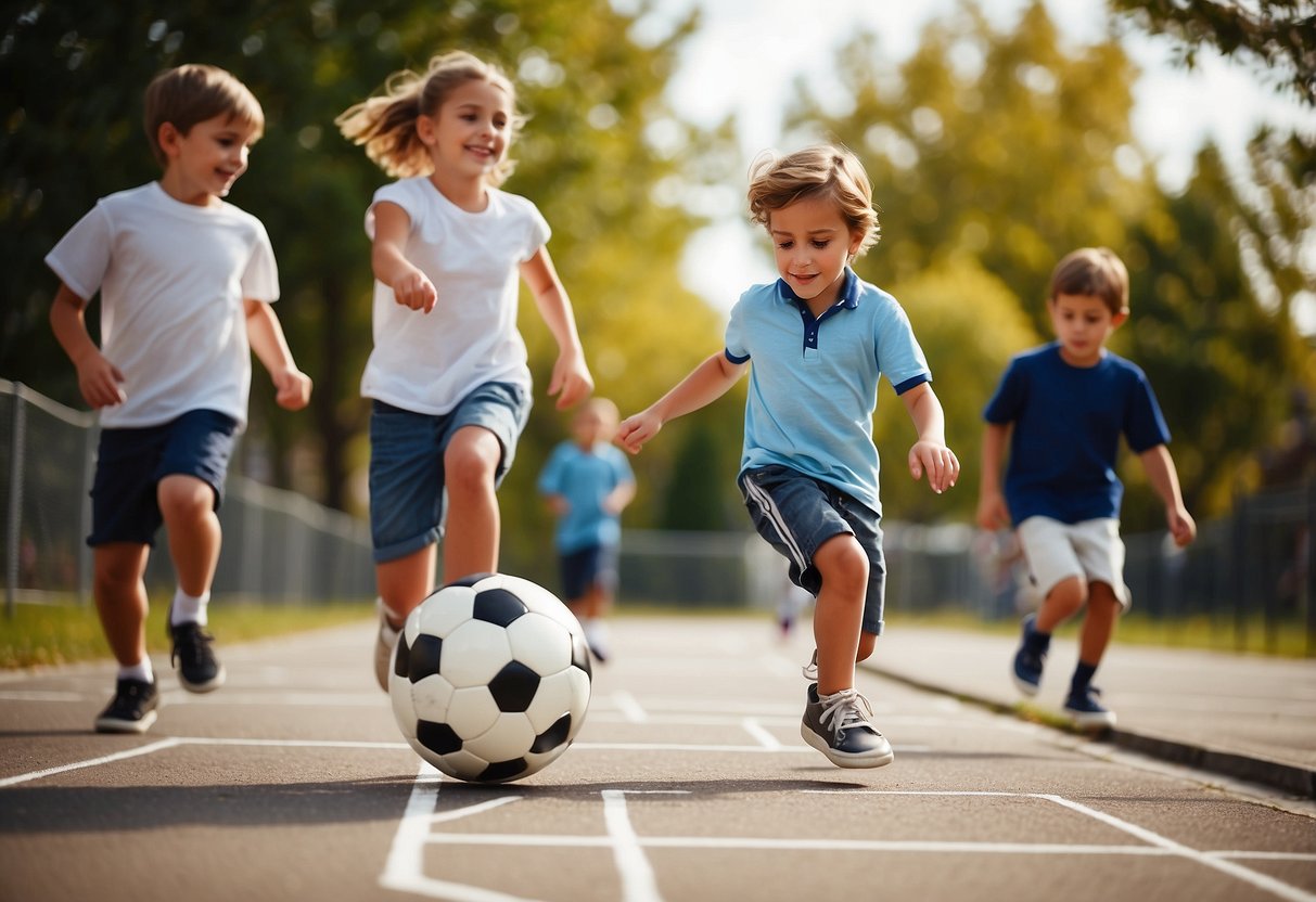 Children playing hopscotch, jumping rope, and kicking a soccer ball in a schoolyard