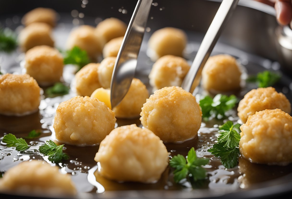 Fish balls being coated in batter, sizzling in hot oil. Ingredients and utensils scattered around the kitchen counter