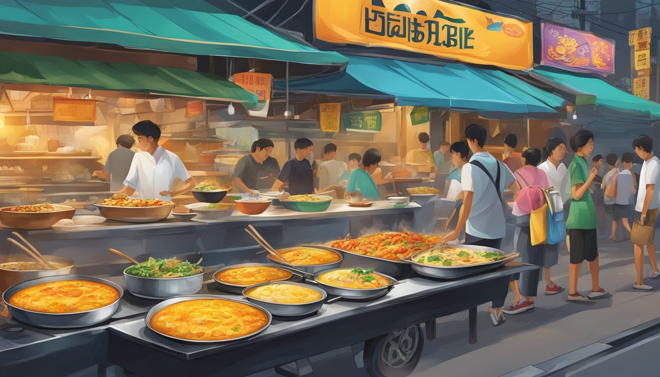 A sizzling pan holds a golden crab omelette, surrounded by bustling street food stalls and colorful signs in Bangkok's vibrant food scene