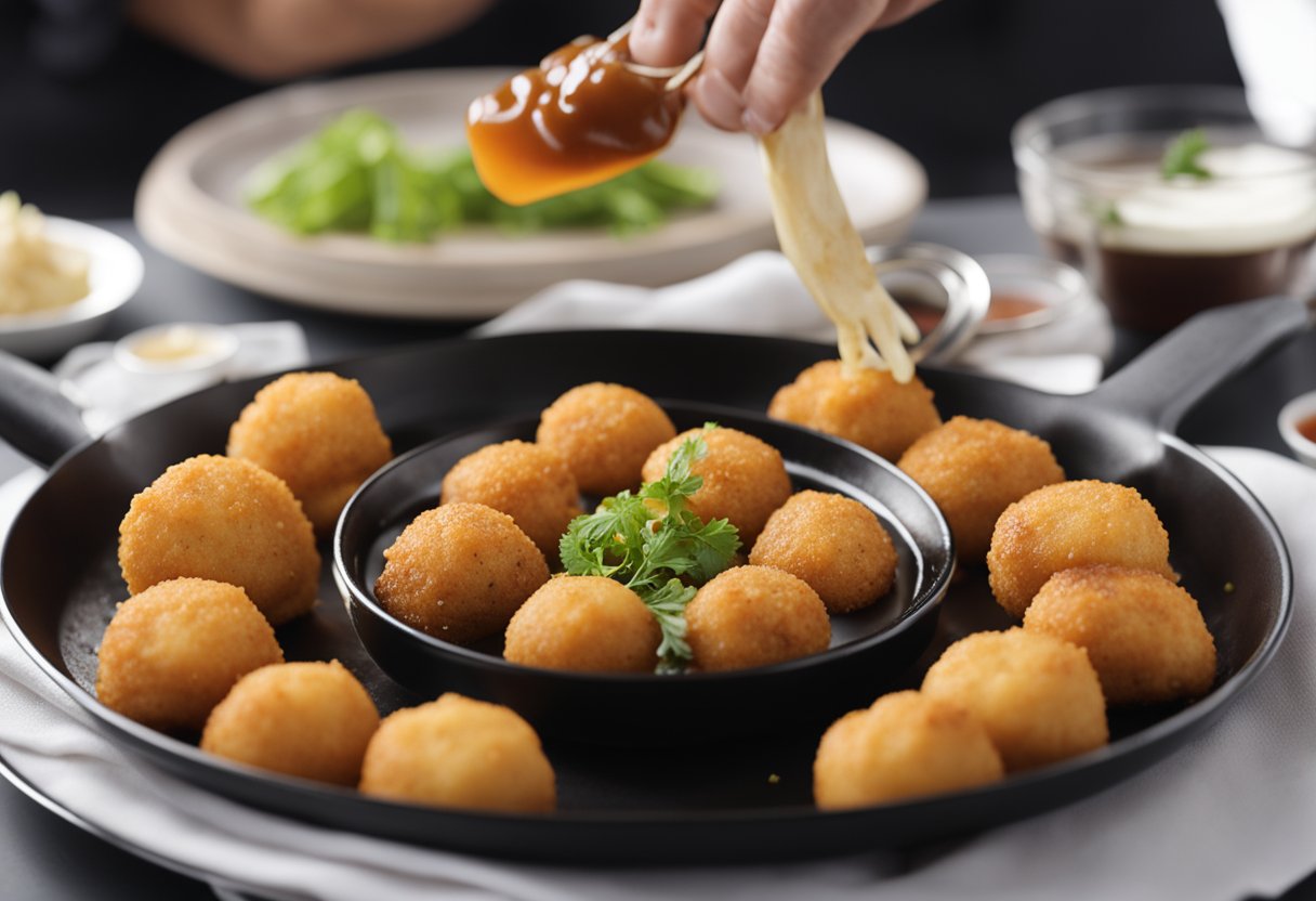 A sizzling pan fries fish balls, then a hand serves them on a plate with a side of dipping sauce