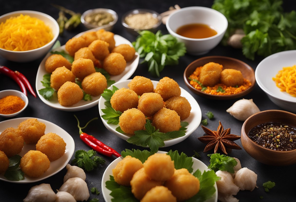 Golden fried fish balls sizzle in hot oil, surrounded by a variety of colorful spices and herbs