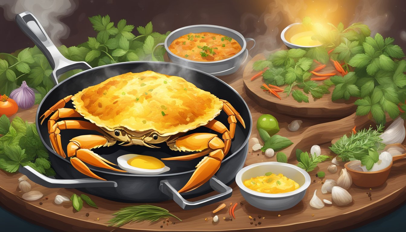 A sizzling hot pan with a golden-brown crab omelette, steam rising, surrounded by a vibrant array of fresh herbs and spices