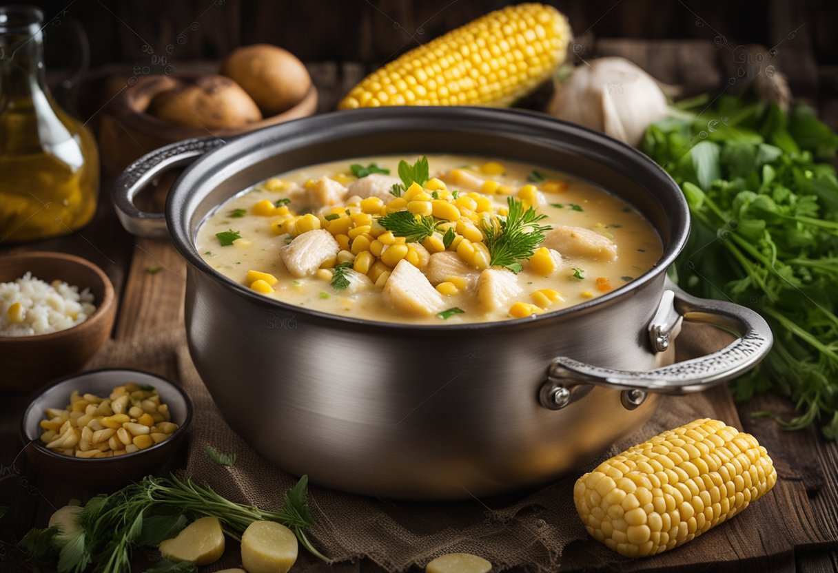 A steaming pot of fish and corn chowder sits on a rustic wooden table, surrounded by fresh ingredients like corn, potatoes, and herbs