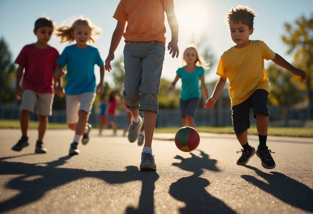 Children playing kickball on the school playground, while others engage in hopscotch and jump rope nearby. The sun shines brightly, casting long shadows on the pavement