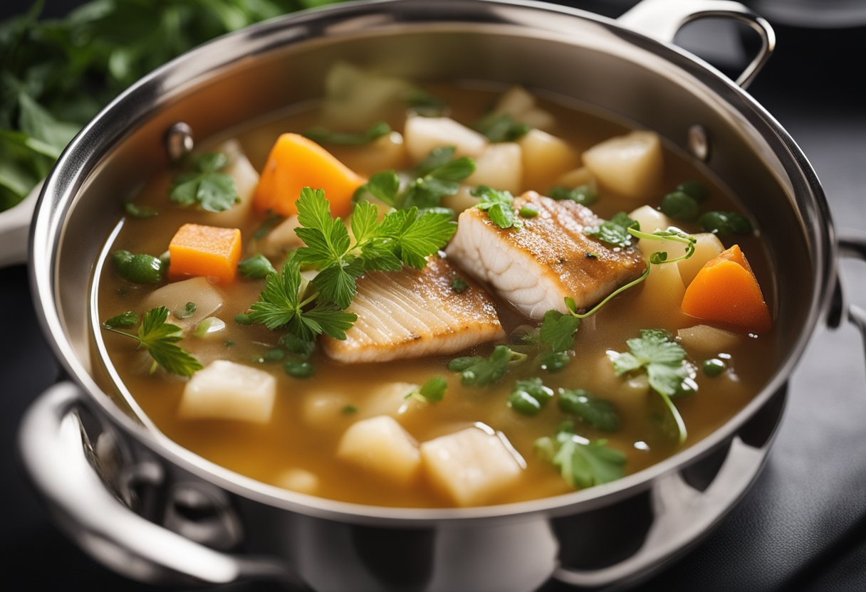 A pot of simmering fish broth with chunks of fried fish, vegetables, and aromatic herbs