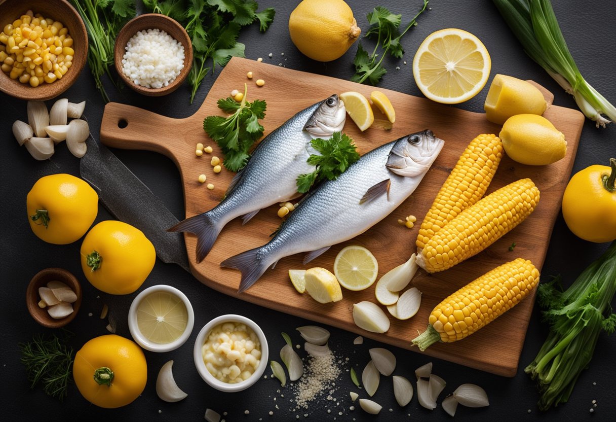 A cutting board with fresh fish, corn, and other ingredients arranged neatly for a fish and corn chowder