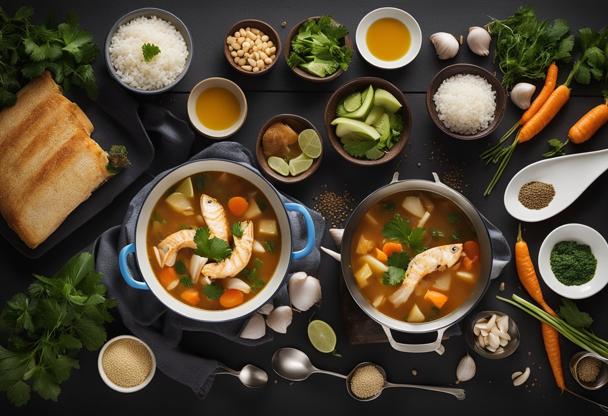 A pot of sizzling fish soup surrounded by various ingredients and utensils on a kitchen counter