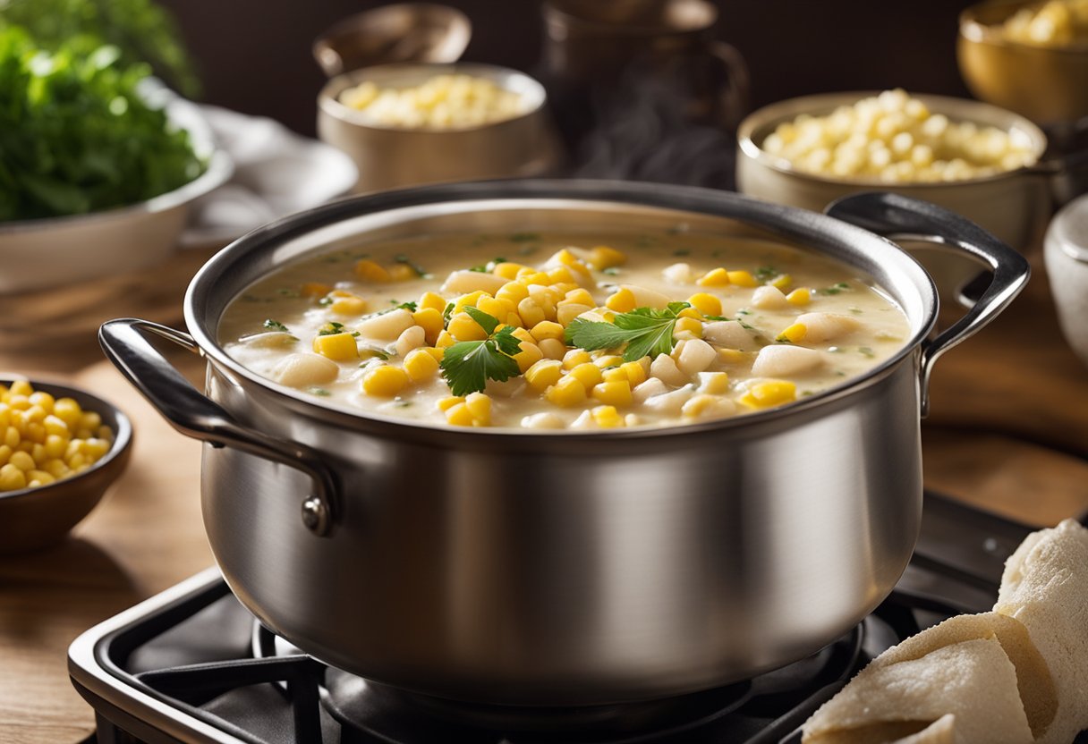 A pot of bubbling fish and corn chowder on a stove, with steam rising and a ladle resting on the side. Bowls and spoons arranged on a nearby table