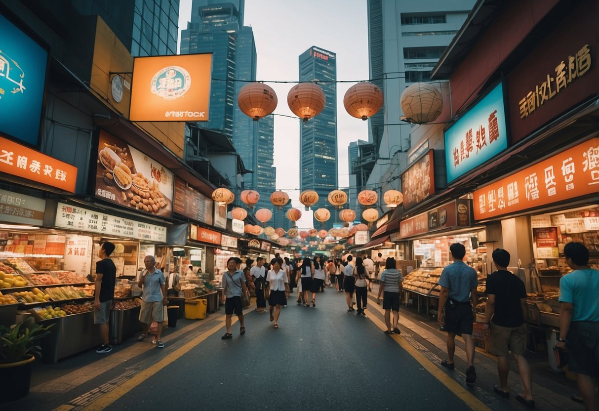 A bustling Singapore street with vibrant signs and banners advertising promotions