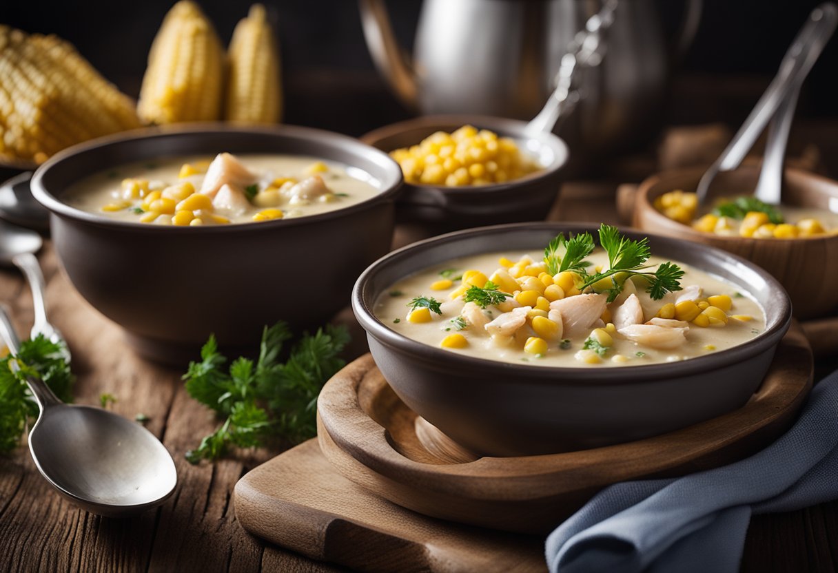 A steaming pot of fish and corn chowder surrounded by bowls and spoons on a rustic wooden table