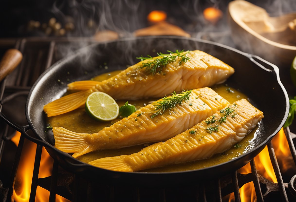 Golden kuning fish being seasoned, coated in flour, and sizzling in a pan