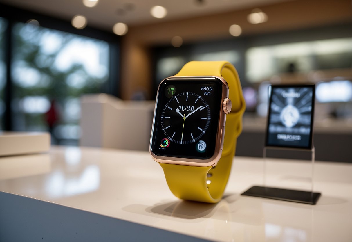 A sleek Apple Watch displayed with promotional signage in a modern Singaporean tech store