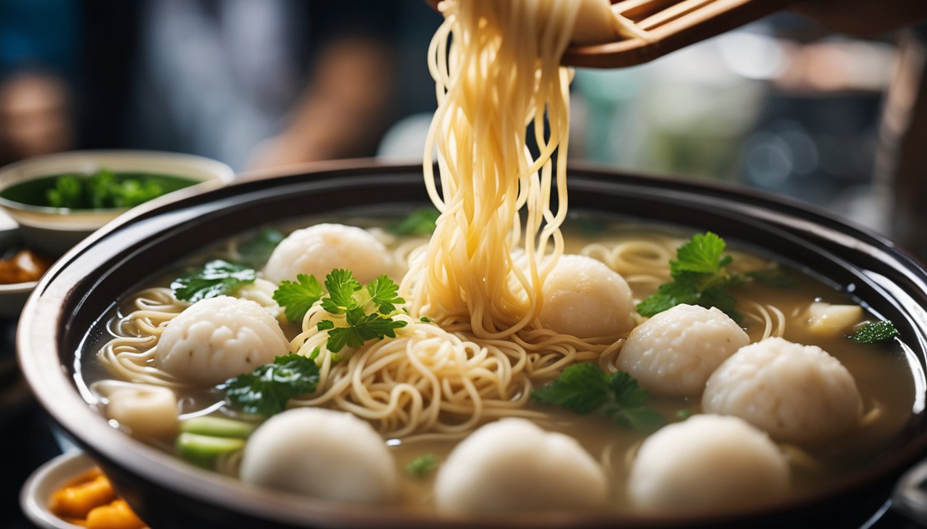 A steaming bowl of fish ball noodle soup sits on a crowded hawker stall table in Singapore. Steam rises from the fragrant broth, while plump fish balls and springy noodles float in the savory liquid