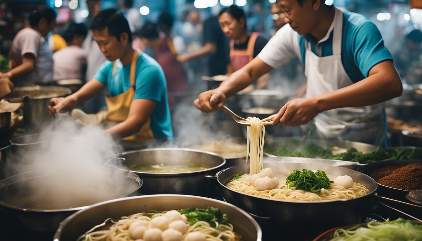 A bustling hawker center with steaming pots of broth, fragrant spices, and vendors skillfully crafting fish ball noodles amidst the lively chatter of locals and tourists