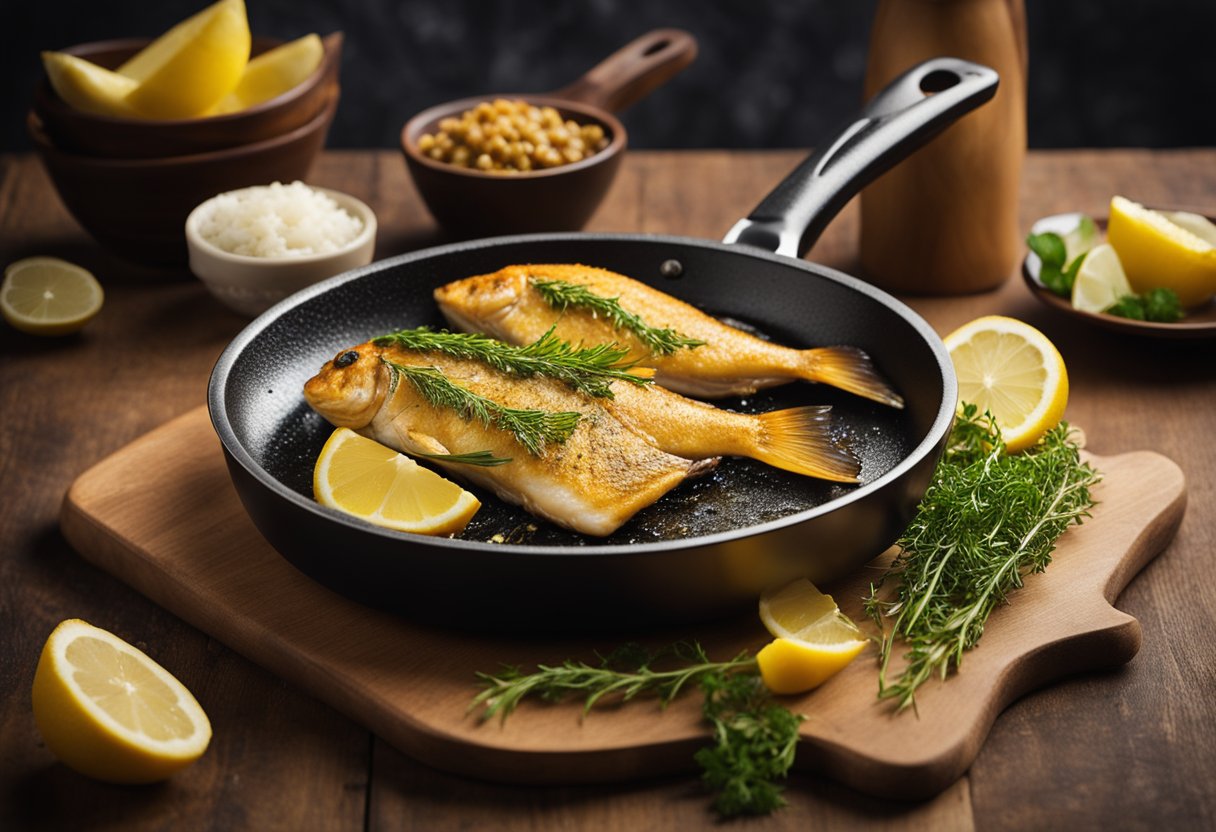A frying pan sizzles with golden kuning fish. A plate awaits, garnished with lemon and herbs