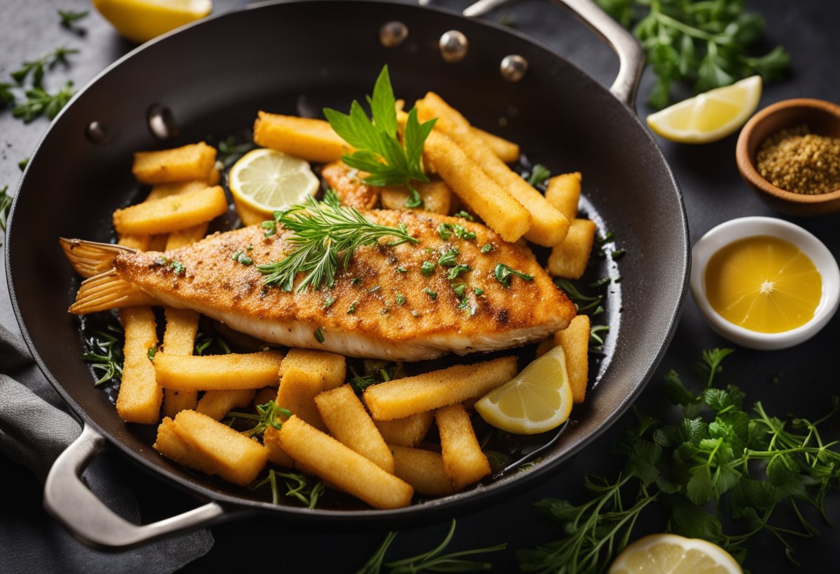 A sizzling kuning fish fries in a pan, surrounded by aromatic herbs and spices. Steam rises as the fish turns golden brown
