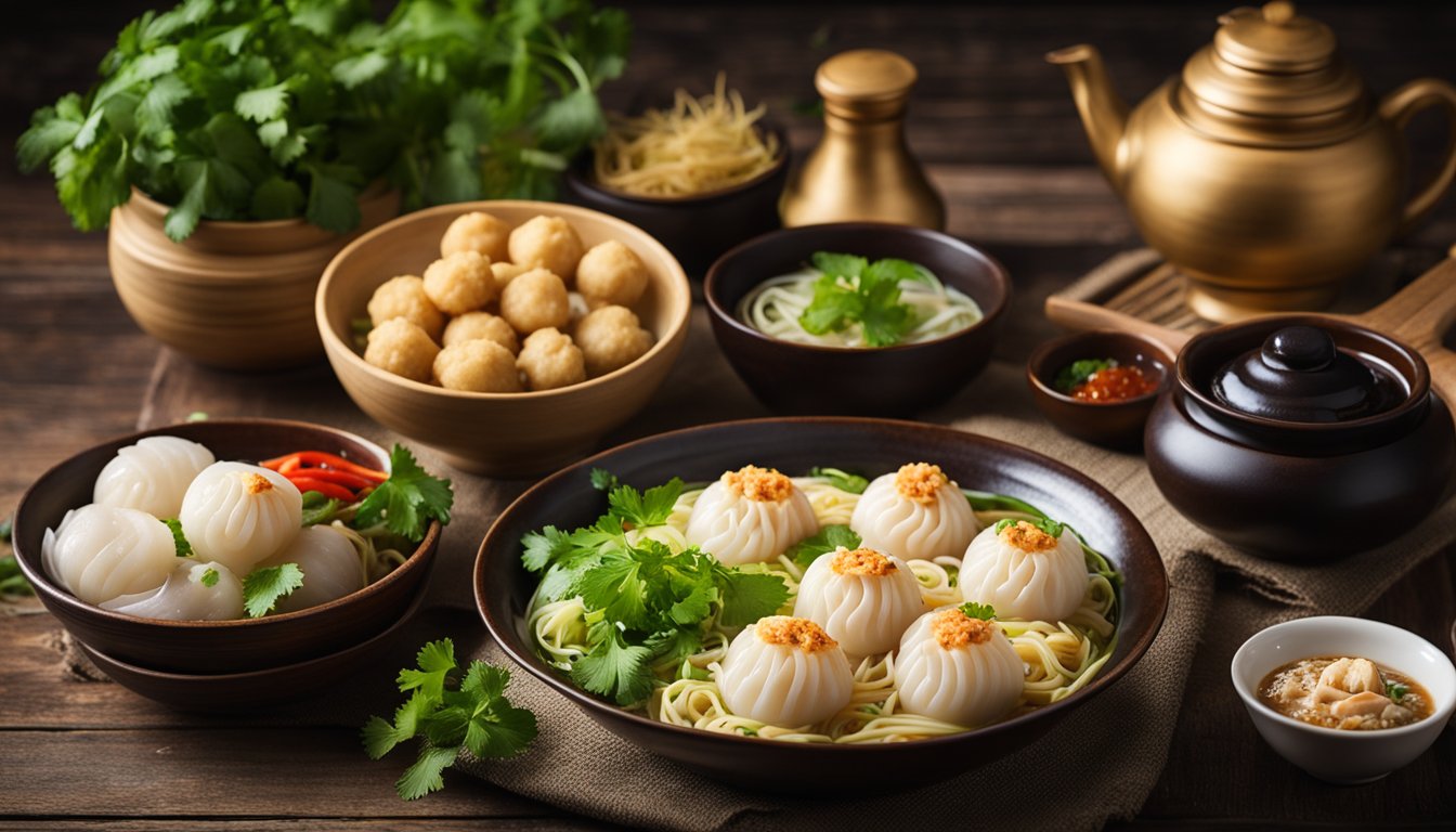 A steaming bowl of fish ball noodles sits on a rustic wooden table, surrounded by vibrant ingredients like fresh cilantro, chili, and soy sauce