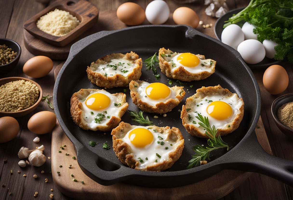 A sizzling pan with golden-brown oyster cakes, surrounded by ingredients like eggs, flour, and seasonings on a wooden cutting board