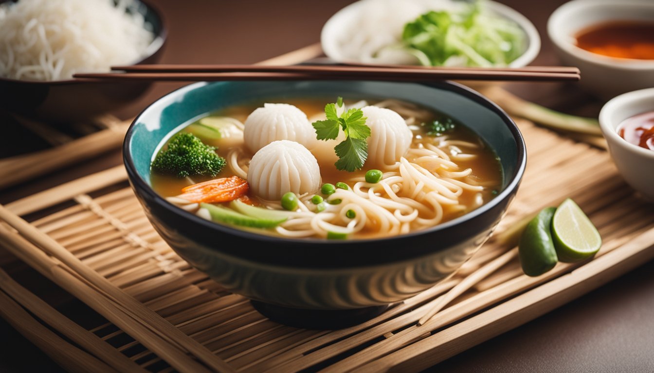 A steaming bowl of fish ball noodle soup sits on a table with a side of chili sauce and a pair of chopsticks