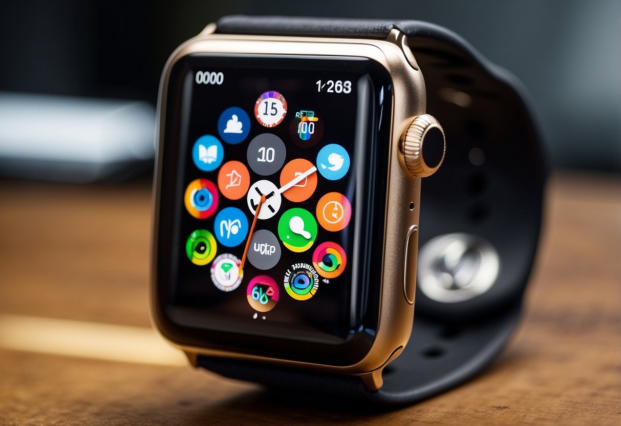 An Apple Watch displayed with various features and apps, surrounded by promotional materials and a sleek, modern backdrop