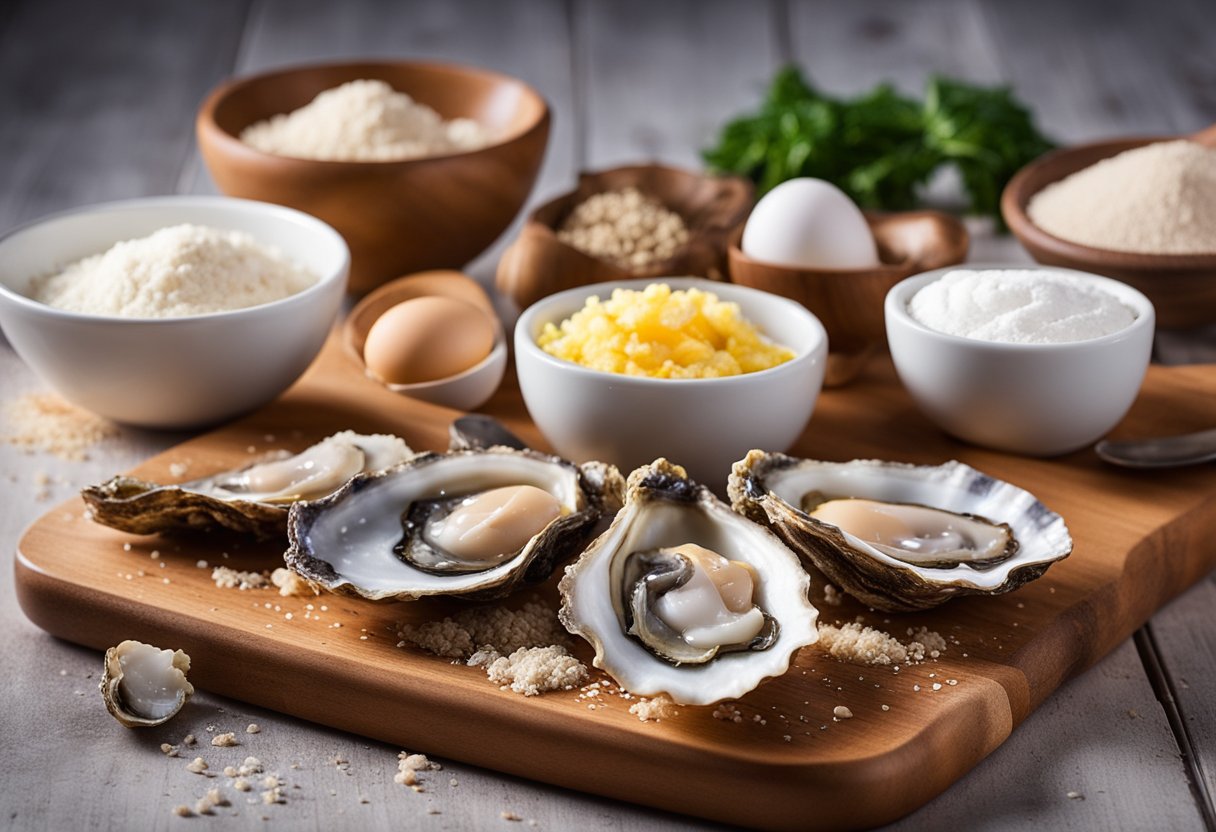 Ingredients laid out on a wooden cutting board: oysters, flour, eggs, breadcrumbs, and seasoning. A mixing bowl and utensils nearby