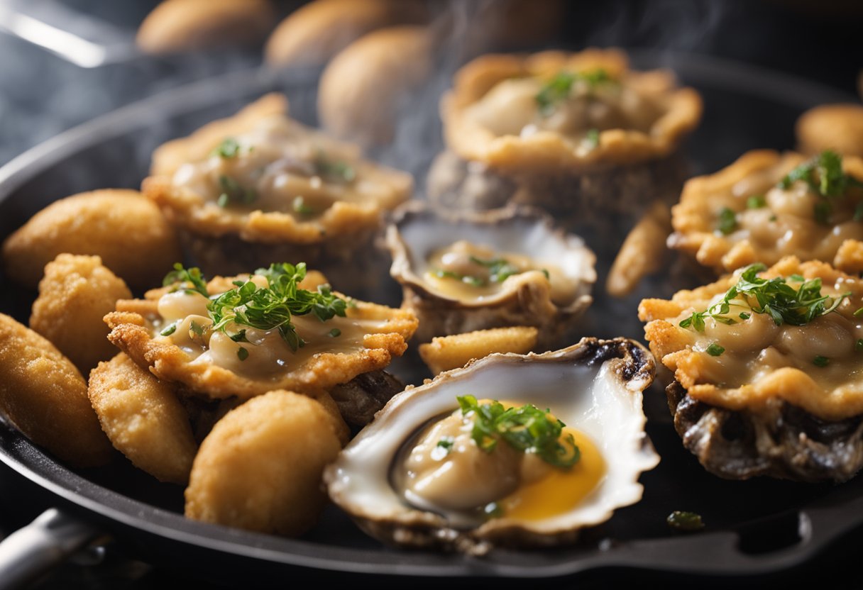 A sizzling oyster cake fries in a hot pan, golden brown and crispy on the outside, with steam rising from its center