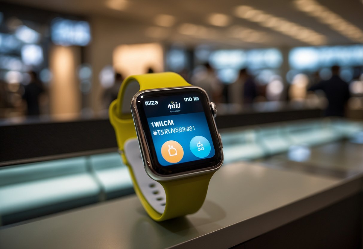 A sleek iwatch displayed with promotional signs in a busy Singapore store