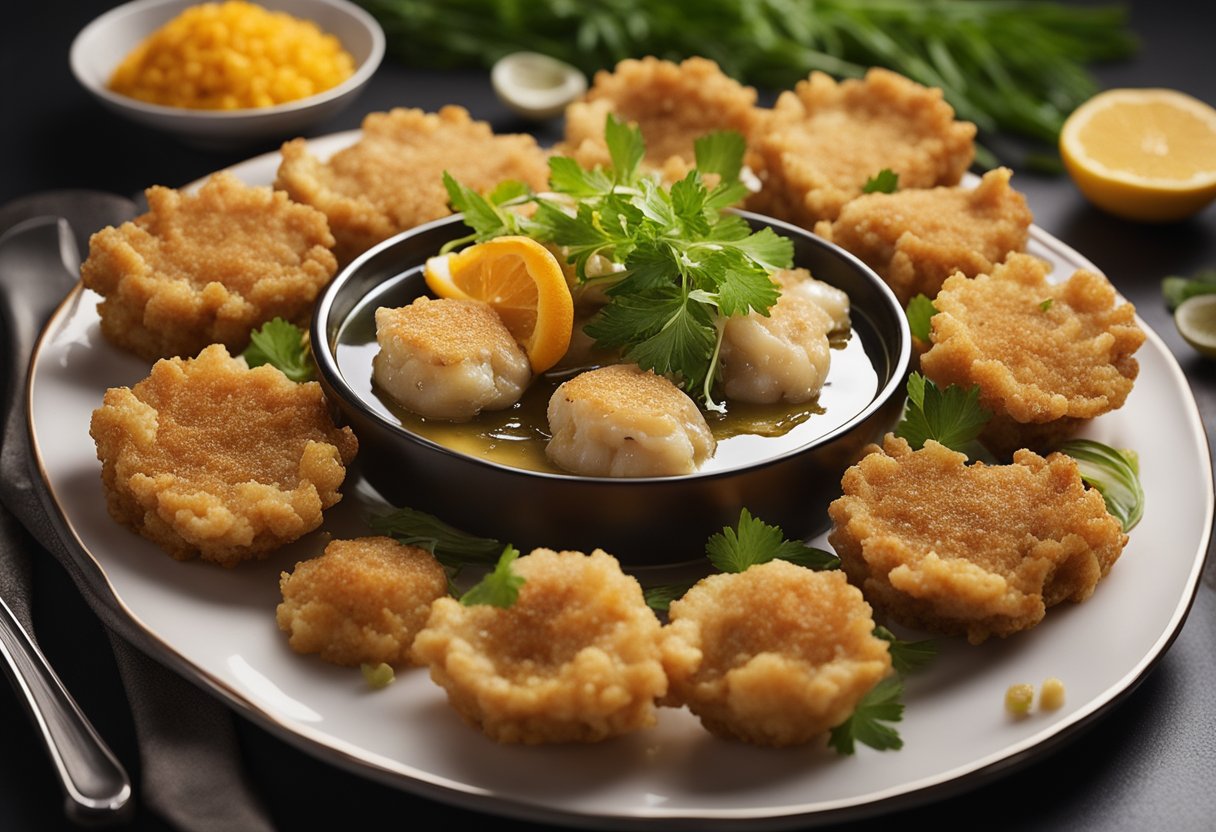 A plate of golden-fried oyster cakes surrounded by a variety of ingredients and cooking utensils, with steam rising from the crispy exterior