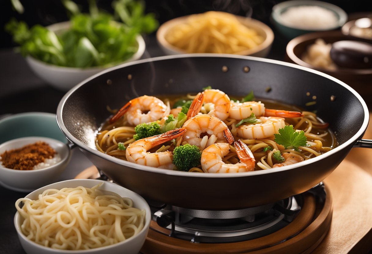 A sizzling wok fries up plump prawns, noodles, and fragrant spices, while a steaming broth simmers on the side