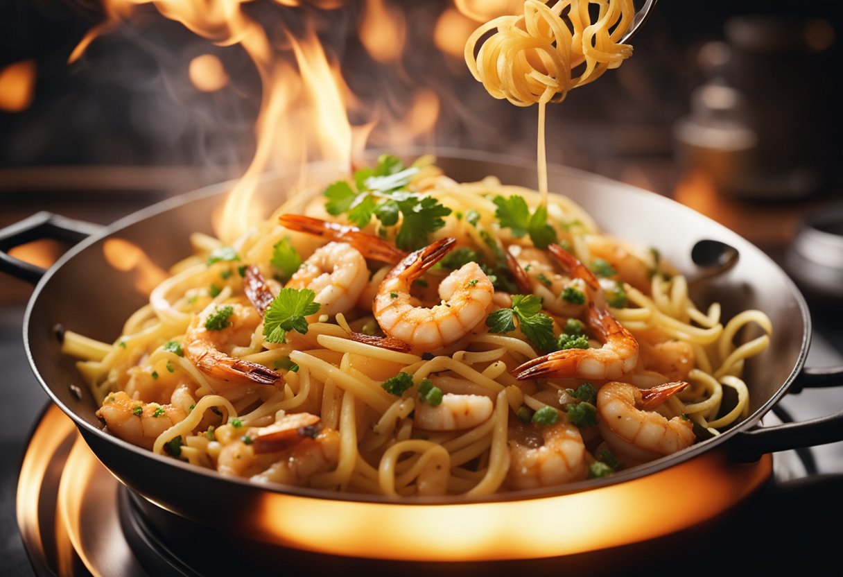 A sizzling wok fries up a medley of prawns, noodles, and aromatic spices, creating a mouthwatering aroma that fills the kitchen