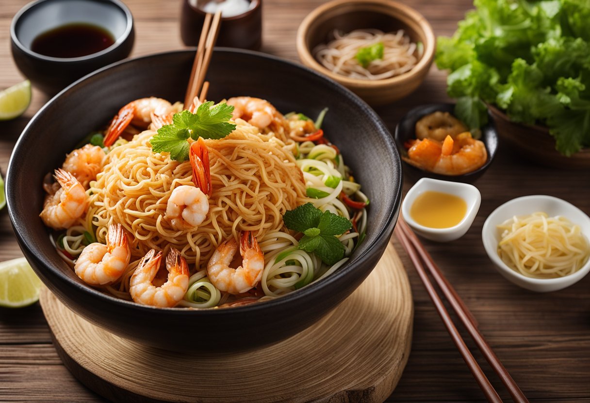 A steaming bowl of fried prawn mee surrounded by condiments and chopsticks on a rustic wooden table