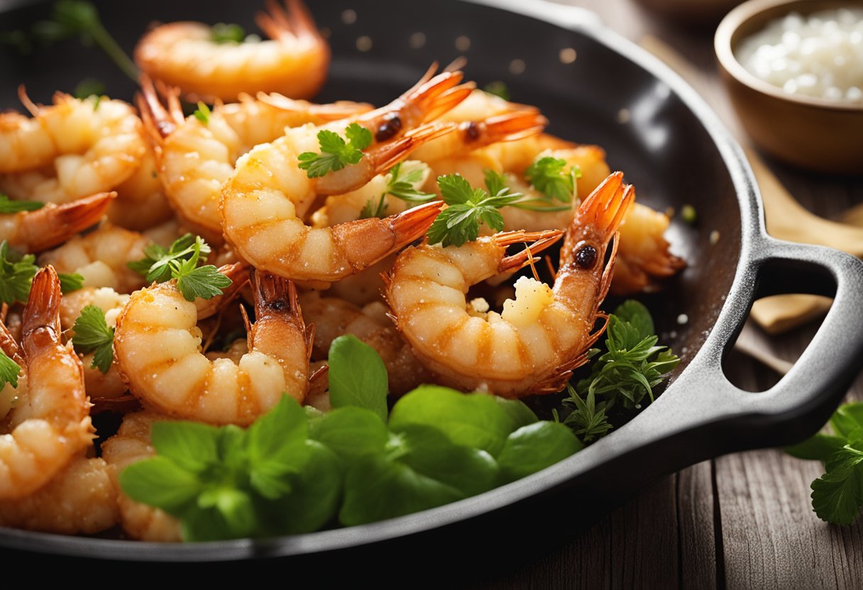 Golden fried prawns sizzle in a hot skillet, coated in a crispy batter and garnished with a sprinkle of fresh herbs