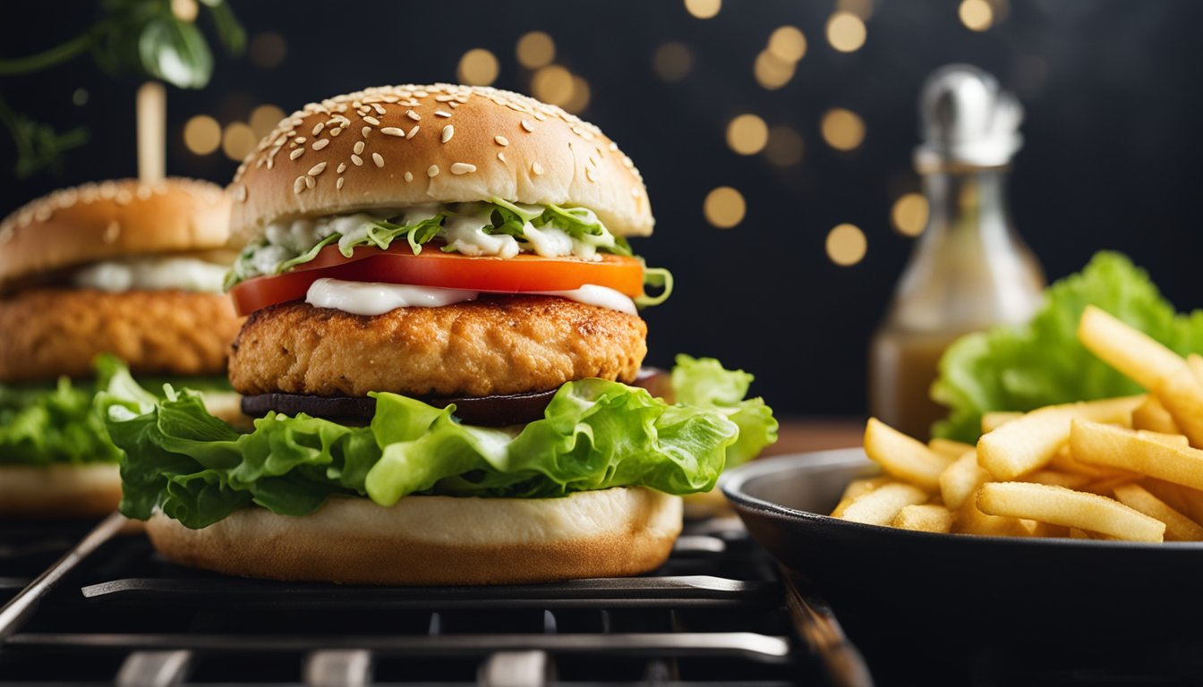 A fish burger sizzling on a grill, with lettuce, tomato, and a dollop of tartar sauce on a sesame seed bun