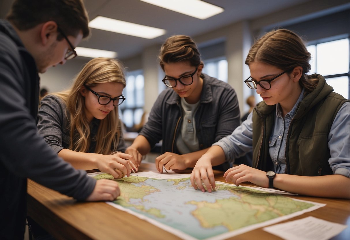 Students conducting hands-on experiments and research, while exploring maps and historical documents in a collaborative and interactive classroom setting