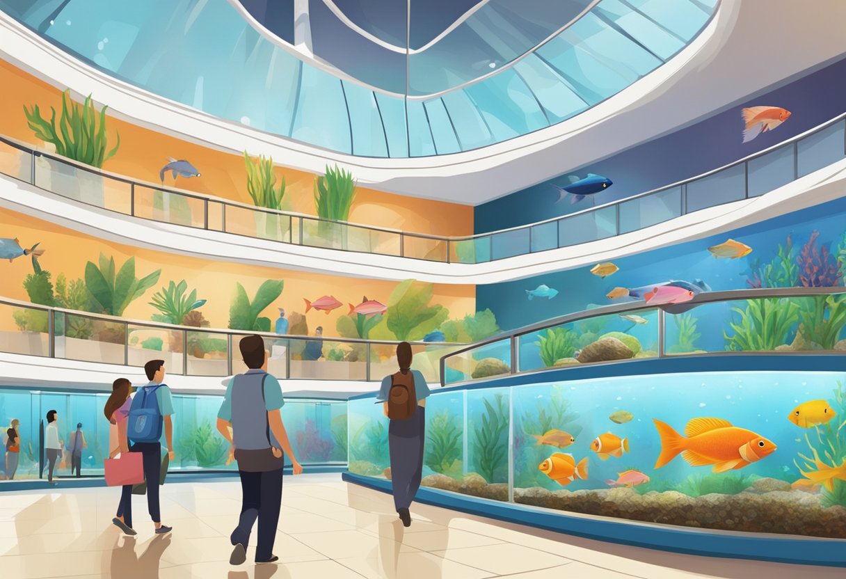 People stroll past colorful fish tanks in a modern mall setting. The tanks are filled with a variety of fish, creating a tranquil and mesmerizing scene