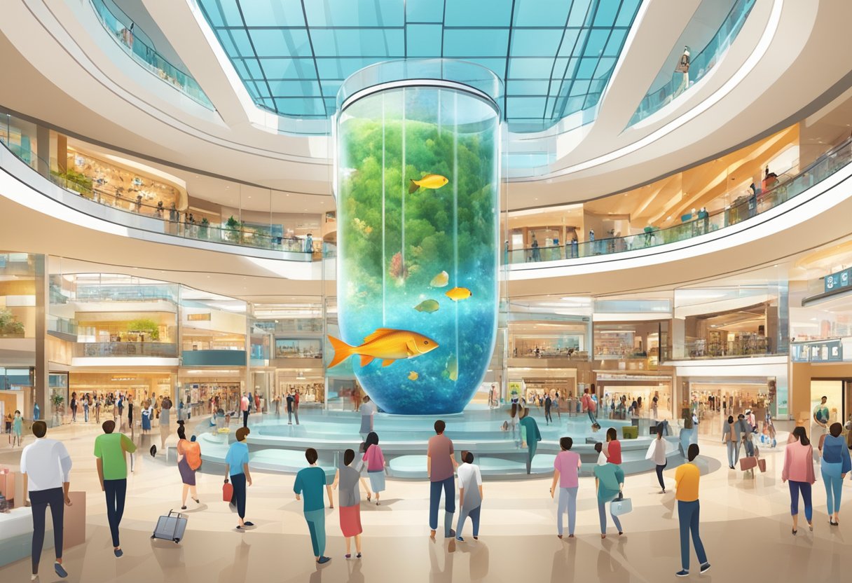 A crowded mall with a large fish bowl display labeled "Frequently Asked Questions" at IOI City Mall