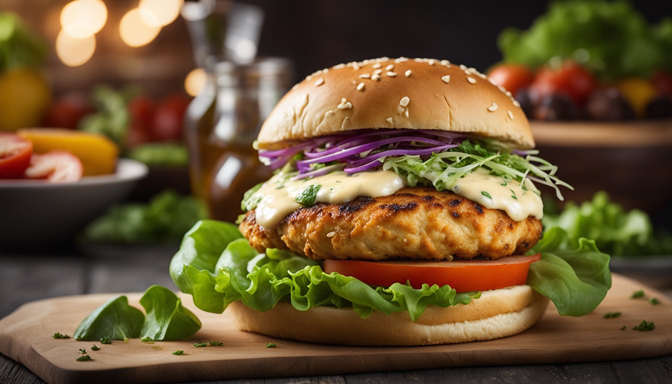 A sizzling fish patty on a toasted bun, topped with vibrant lettuce, ripe tomato, and a drizzle of zesty aioli. The burger is surrounded by a colorful array of fresh vegetables and herbs, evoking a sense of freshness and
