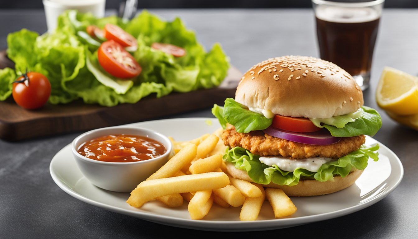 A delicious fish burger with lettuce, tomato, and a side of fries on a white plate