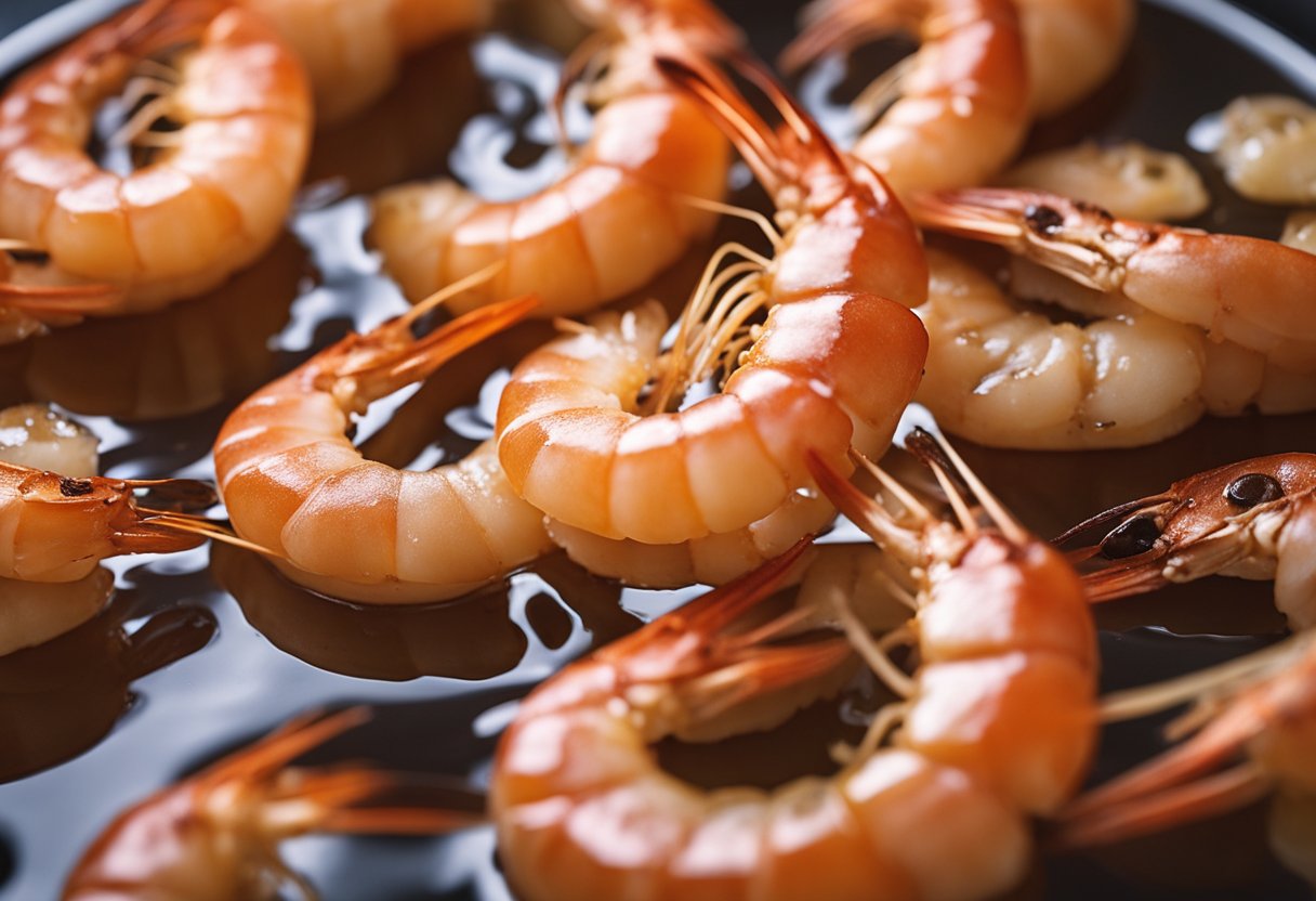 Prawns sizzle in hot oil, turning golden brown. Steam rises as they cook to perfection