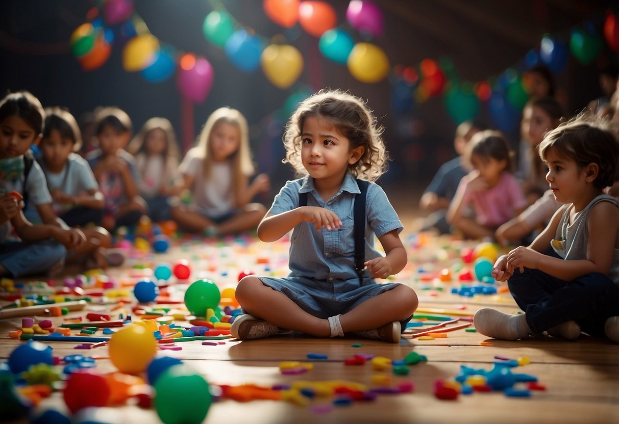 Children playing musical instruments and dancing in a colorful gymnasium with art supplies scattered around