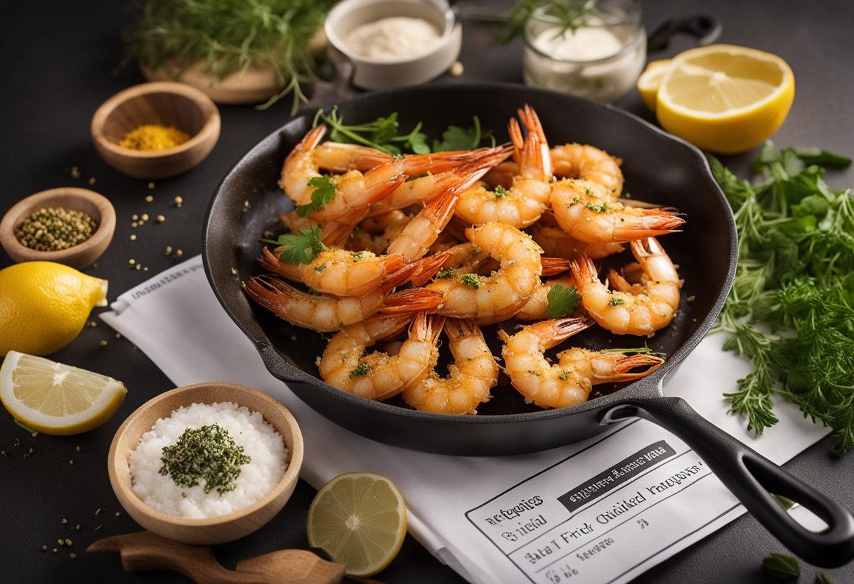 Golden fried prawns sizzle in a hot pan, surrounded by aromatic herbs and spices. A stack of recipe cards labeled "Frequently Asked Questions fried prawns" sits nearby