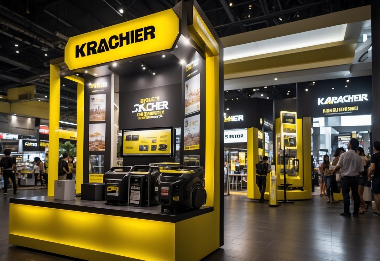 A large Karcher promotional display stands in the center of a bustling Singapore marketplace, surrounded by eager onlookers and colorful banners