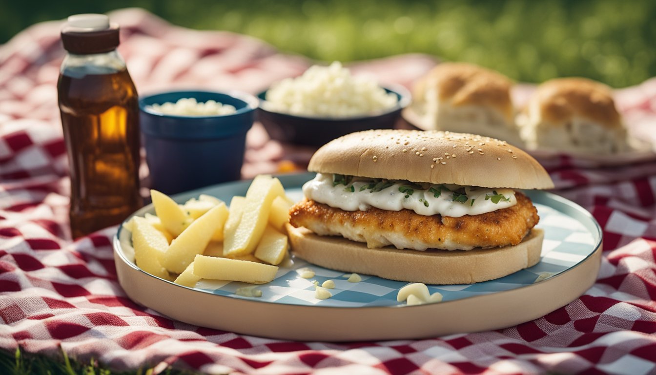 A fish butty sits on a checkered picnic blanket, surrounded by scattered crumbs and a bottle of tartar sauce