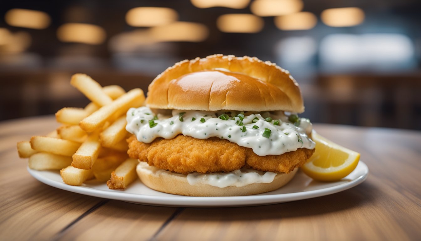 A fish butty sits on a plate, with a golden, crispy battered fish fillet, sandwiched between two soft, fluffy buns. A dollop of tartar sauce oozes out from the edges, and a side of crispy fries