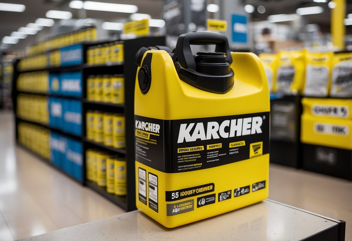 A bright and colorful display of Karcher cleaning products with promotional signage in a busy retail setting